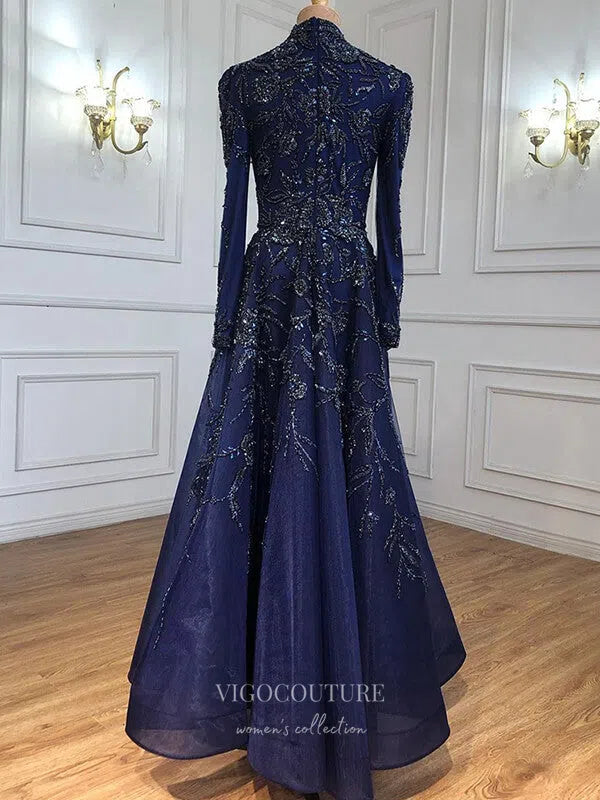 Prom Dress 2025 Blue Beaded Long Sleeve Prom Dresses High Neck Formal Dresses 21269-unique elegant Prom Dresses-Blue-US2-vigocouture