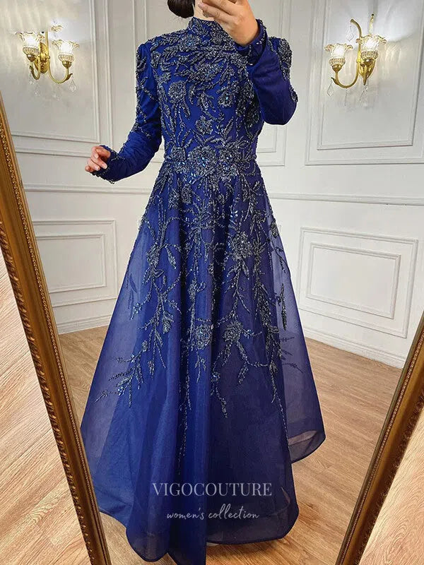 Prom Dress 2025 Blue Beaded Long Sleeve Prom Dresses High Neck Formal Dresses 21269-unique elegant Prom Dresses-Blue-US2-vigocouture