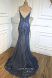 Prom Dress 2025 Blue Beaded Mermaid Formal Dresses Spaghetti Strap V-Neck Prom Dress 21614-unique elegant Prom Dresses-Blue-US2-vigocouture