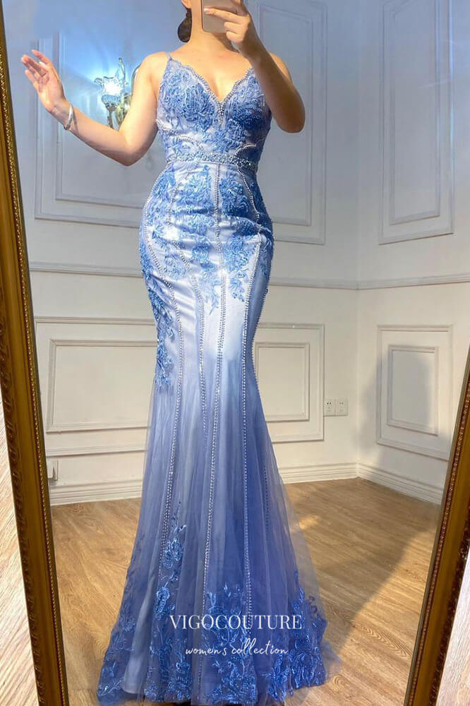 Prom Dress 2025 Blue Beaded Mermaid Formal Dresses Spaghetti Strap V-Neck Prom Dress 21614-unique elegant Prom Dresses-Blue-US2-vigocouture