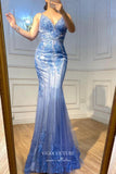 Prom Dress 2025 Blue Beaded Mermaid Formal Dresses Spaghetti Strap V-Neck Prom Dress 21614-unique elegant Prom Dresses-Blue-US2-vigocouture