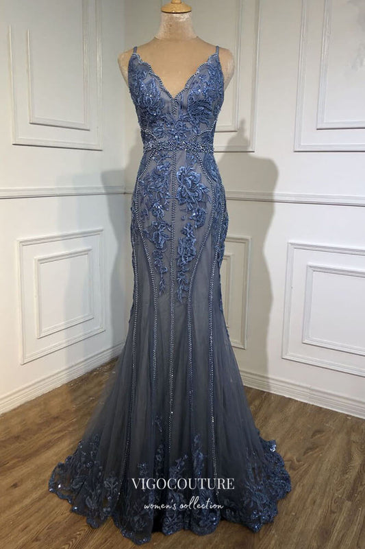 Prom Dress 2025 Blue Beaded Mermaid Formal Dresses Spaghetti Strap V-Neck Prom Dress 21614-unique elegant Prom Dresses-Blue-US2-vigocouture