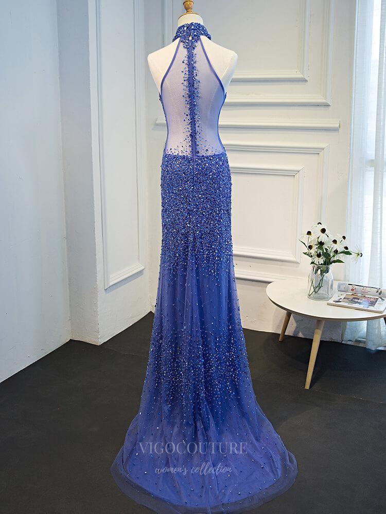 Prom Dress 2025 Blue Beaded Mermaid Prom Dress 20259-unique elegant Prom Dresses-Blue-US2-vigocouture