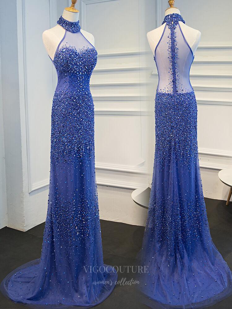 Prom Dress 2025 Blue Beaded Mermaid Prom Dress 20259-unique elegant Prom Dresses-Blue-US2-vigocouture