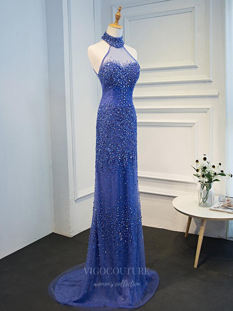 Prom Dress 2025 Blue Beaded Mermaid Prom Dress 20259-unique elegant Prom Dresses-Blue-US2-vigocouture