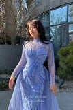 Prom Dress 2025 Blue Beaded Mermaid Prom Dress with Long Sleeve and Overskirt 22243-unique elegant Prom Dresses-Blue-US2-vigocouture