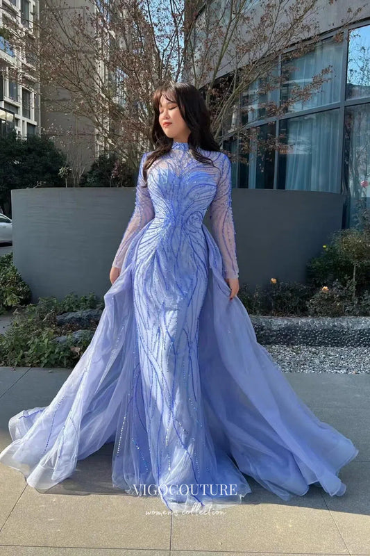 Prom Dress 2025 Blue Beaded Mermaid Prom Dress with Long Sleeve and Overskirt 22243-unique elegant Prom Dresses-Blue-US2-vigocouture