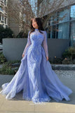 Blue Beaded Mermaid Prom Dress with Long Sleeve and Overskirt 22243