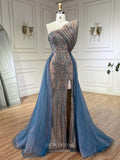 Prom Dress 2025 Blue Beaded Mermaid Prom Dresses with Slit Strapless Overskirt Pageant Dress 25005-unique elegant Prom Dresses-Blue-US2-vigocouture