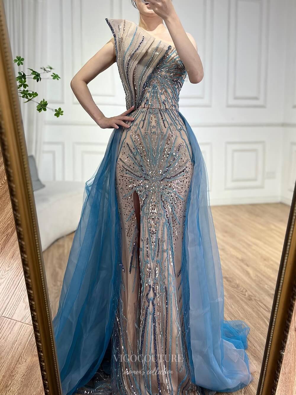 Prom Dress 2025 Blue Beaded Mermaid Prom Dresses with Slit Strapless Overskirt Pageant Dress 25005-unique elegant Prom Dresses-Blue-US2-vigocouture