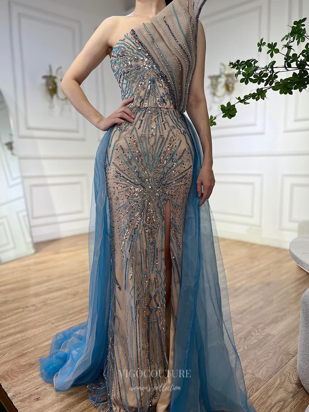 Prom Dress 2025 Blue Beaded Mermaid Prom Dresses with Slit Strapless Overskirt Pageant Dress 25005-unique elegant Prom Dresses-Blue-US2-vigocouture