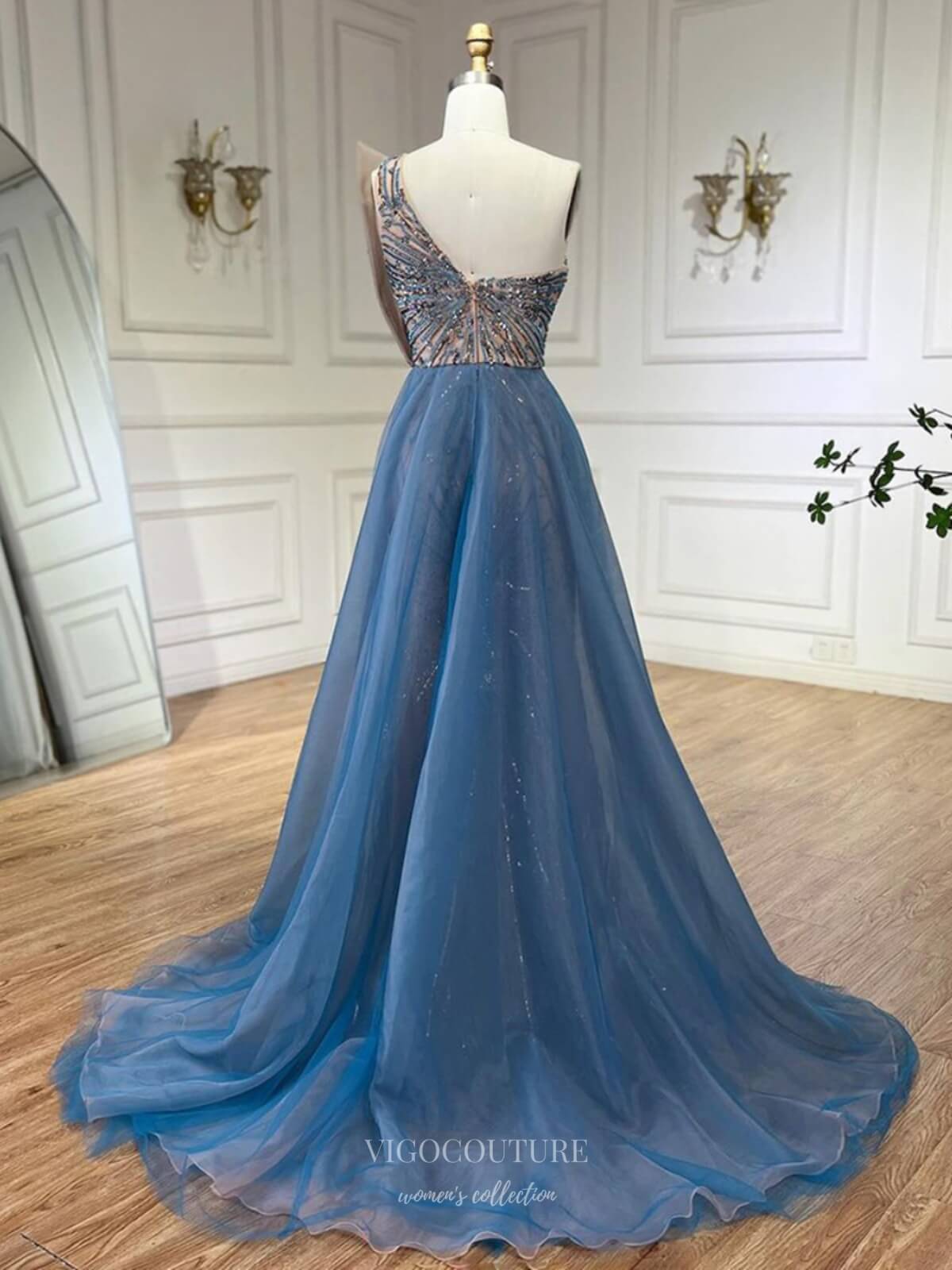 Blue Beaded Mermaid Prom Dresses with Slit Strapless Overskirt Pageant vigocouture Blue Beaded Mermaid Prom Dresses with Slit Strapless Overskirt Pageant vigocouture