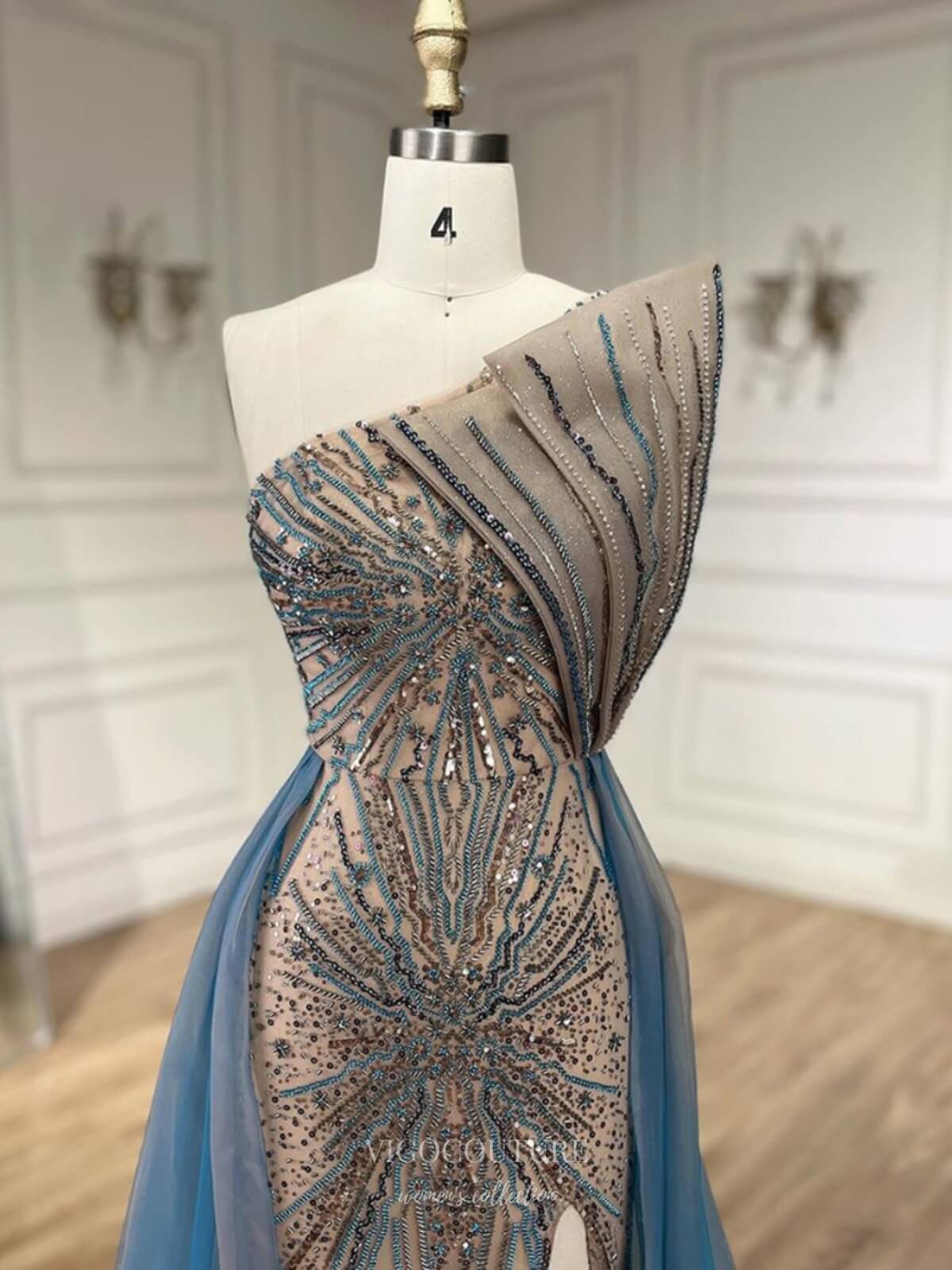 Prom Dress 2025 Blue Beaded Mermaid Prom Dresses with Slit Strapless Overskirt Pageant Dress 25005-unique elegant Prom Dresses-Blue-US2-vigocouture