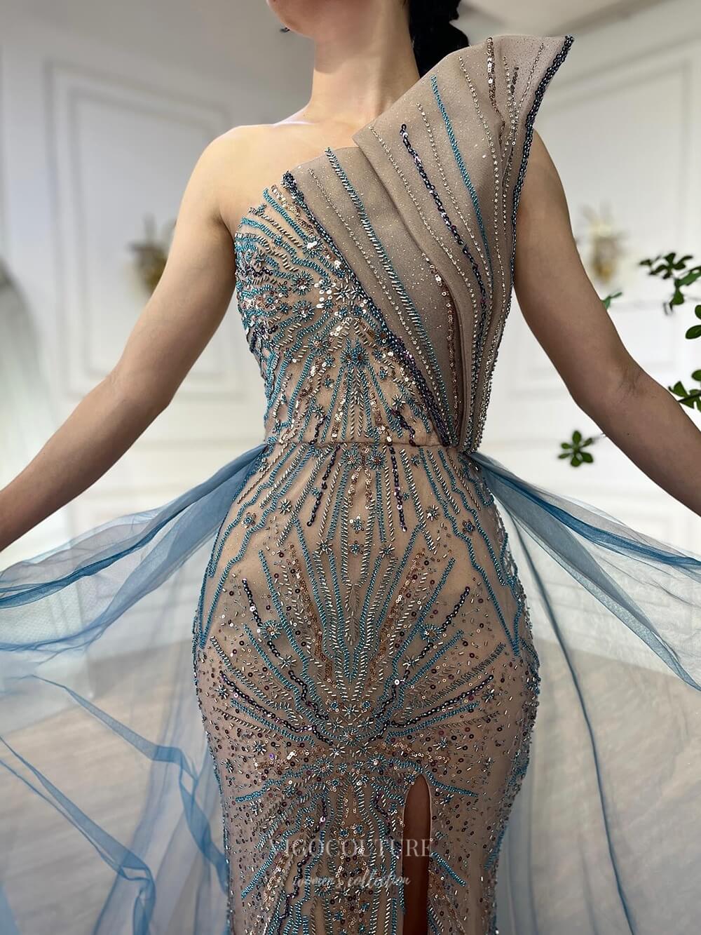 Prom Dress 2025 Blue Beaded Mermaid Prom Dresses with Slit Strapless Overskirt Pageant Dress 25005-unique elegant Prom Dresses-Blue-US2-vigocouture