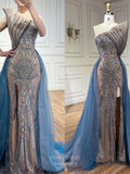 Blue Beaded Mermaid Prom Dresses with Slit Strapless Overskirt Pageant Dress 25005