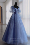 Prom Dress 2025 Blue Beaded Puffed Sleeve Prom Dress 20658-unique elegant Prom Dresses-Blue-US2-vigocouture