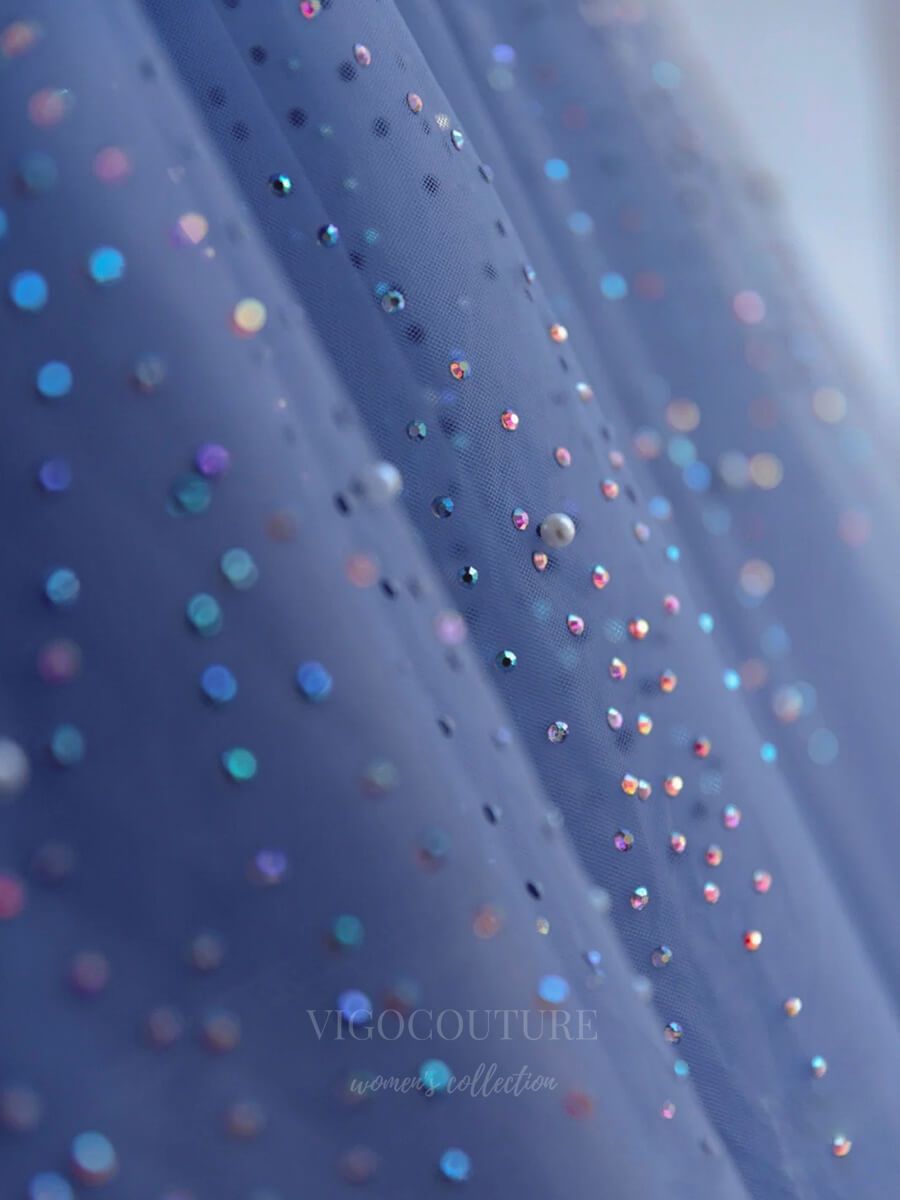 Blue Beaded Puffed Sleeve Prom Dress 20658 vigocouture Blue Beaded Puffed Sleeve Prom Dress 20658 vigocouture