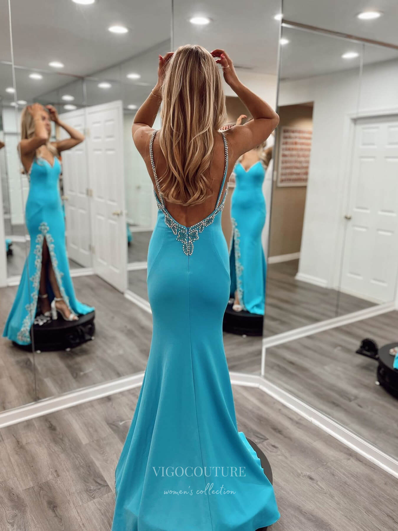 Blue Beaded Spaghetti Strap Satin Prom Dresses with Slit Mermaid Open Back 24076 Blue / Custom Size Blue Beaded Spaghetti Strap Satin Prom Dresses with Slit Mermaid Open Back 24076 Blue / Custom Size