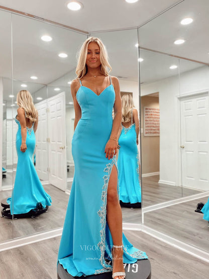Blue Beaded Spaghetti Strap Satin Prom Dresses with Slit Mermaid Open vigocouture Blue Beaded Spaghetti Strap Satin Prom Dresses with Slit Mermaid Open vigocouture