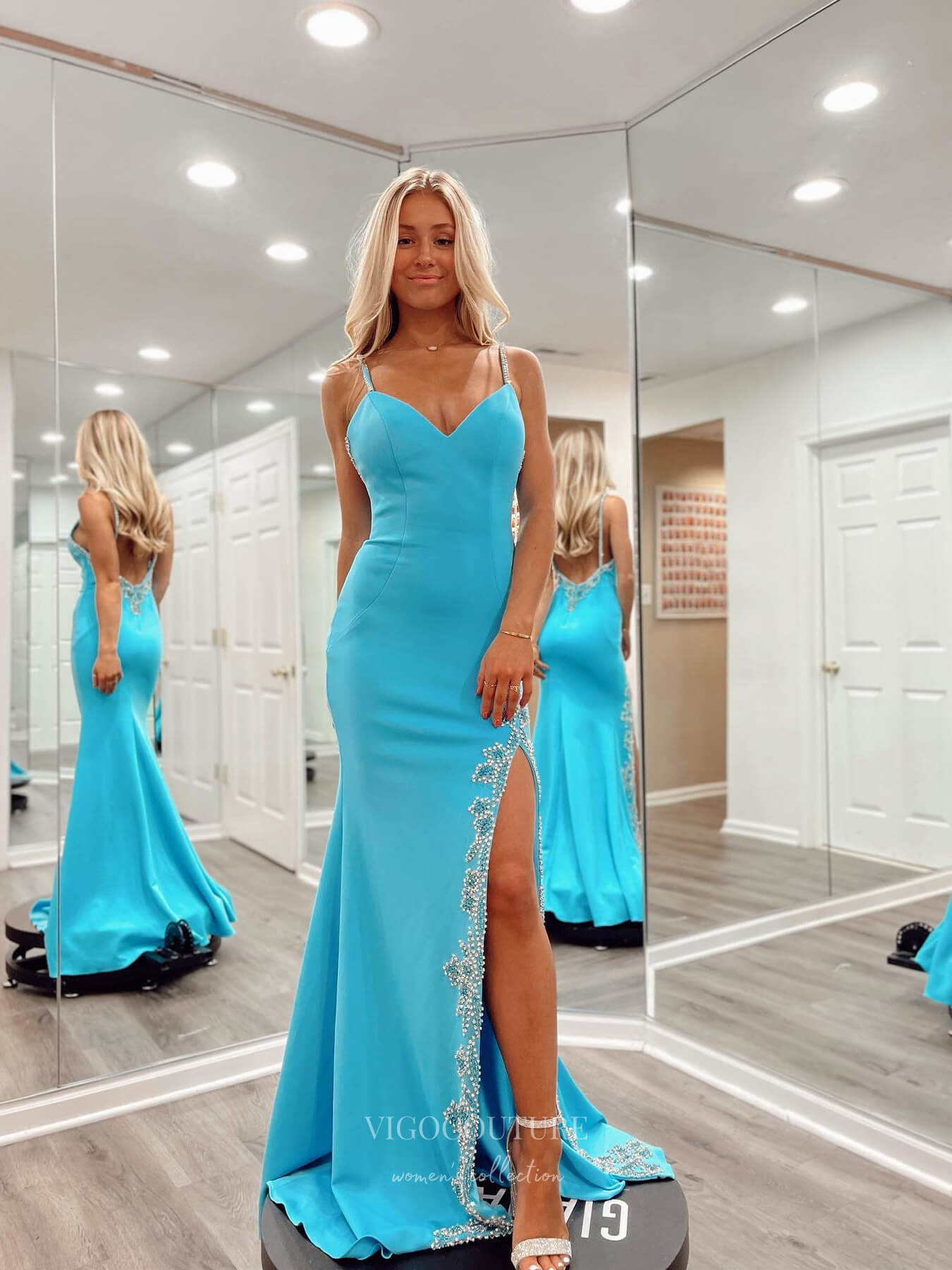 Prom Dress 2025 Blue Beaded Spaghetti Strap Satin Prom Dresses with Slit Mermaid Open Back 24076-unique elegant Prom Dresses-Blue-Custom Size-vigocouture