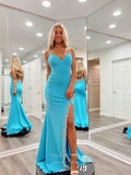 Prom Dress 2025 Blue Beaded Spaghetti Strap Satin Prom Dresses with Slit Mermaid Open Back 24076-unique elegant Prom Dresses-Blue-Custom Size-vigocouture