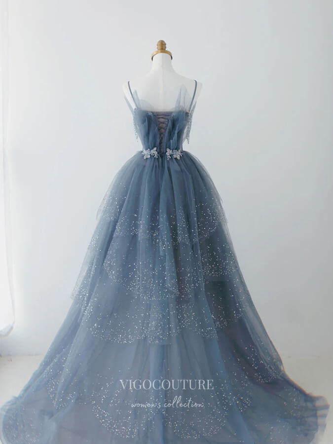 Prom Dress 2025 Blue Beaded Tulle Prom Dresses Spaghetti Strap Formal Dresses 21032-unique elegant Prom Dresses-Blue-Custom Size-vigocouture