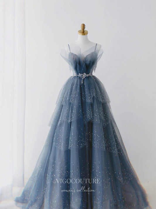 Prom Dress 2025 Blue Beaded Tulle Prom Dresses Spaghetti Strap Formal Dresses 21032-unique elegant Prom Dresses-Blue-Custom Size-vigocouture