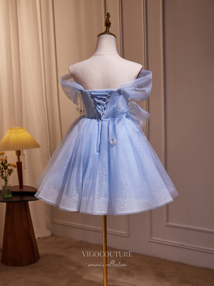 Blue Butterfly Off the Shoulder Hoco Dresses Pearl String Graduation D – vigocouture