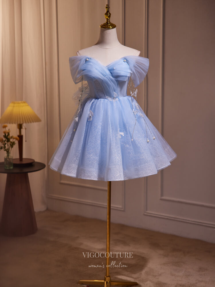 Short Prom Dresses 2025 Blue Butterfly Off the Shoulder Hoco Dresses Pearl String Graduation Dress hc301-Prom Dresses-vigocouture-vigocouture