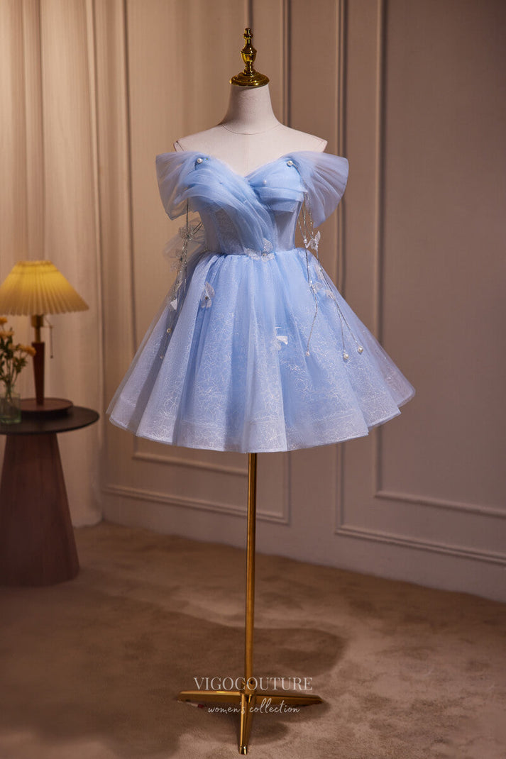Blue Butterfly Off the Shoulder Hoco Dresses Pearl String Graduation D