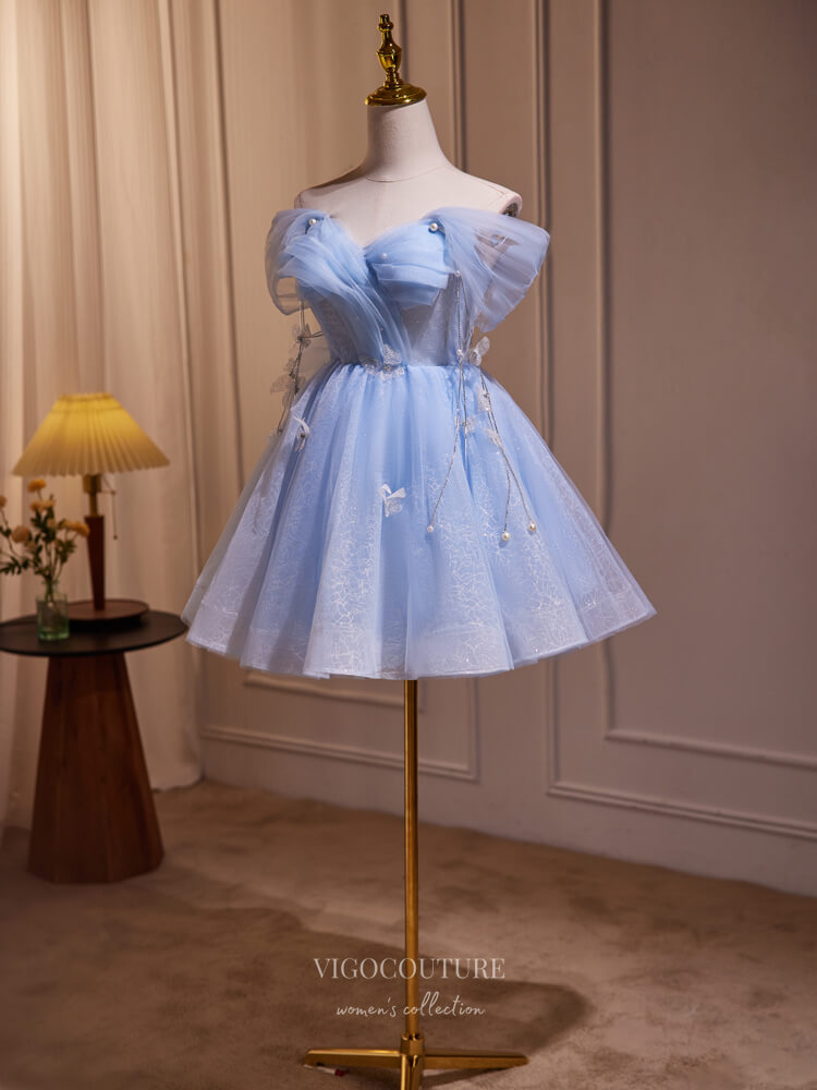 Blue Butterfly Off the Shoulder Hoco Dresses Pearl String Graduation D
