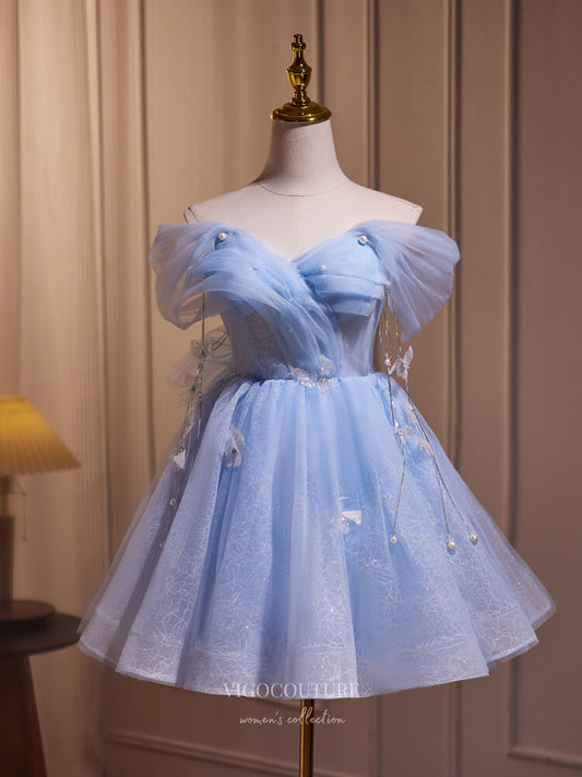 Short Prom Dresses 2025 Blue Butterfly Off the Shoulder Hoco Dresses Pearl String Graduation Dress hc301-Prom Dresses-vigocouture-Blue-Custom Size-vigocouture