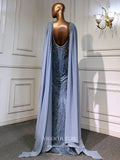 Prom Dress 2025 Blue Cape Sleeve Prom Dresses with Slit Beaded Mermaid Evening Dresses 21521-unique elegant Prom Dresses-Blue-US2-vigocouture