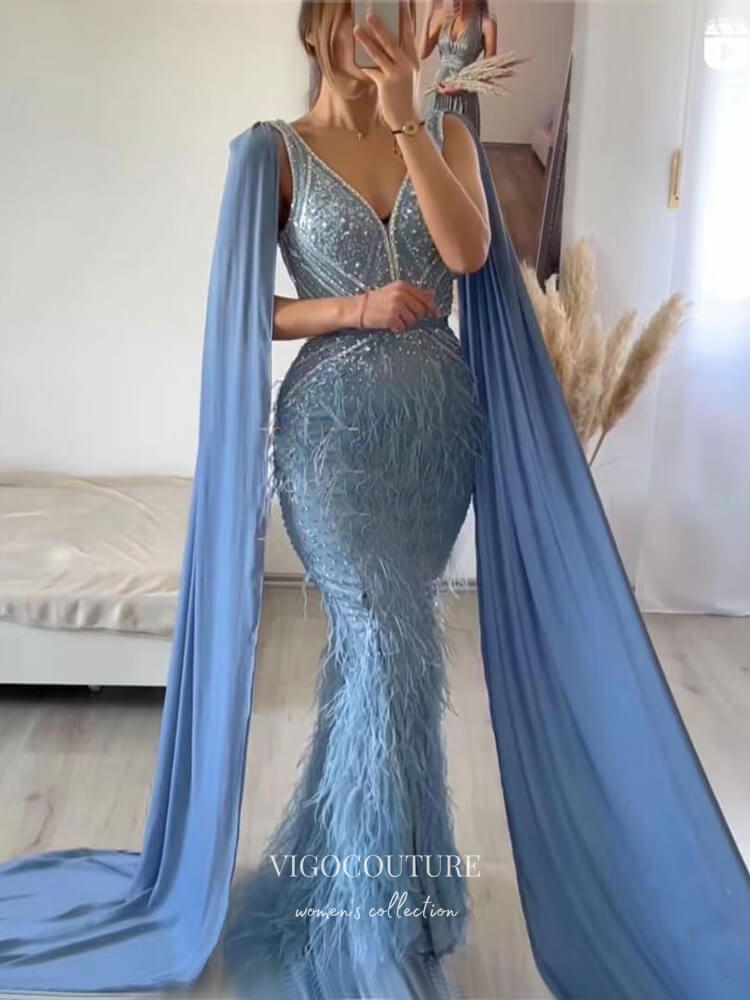 Prom Dress 2025 Blue Cape Sleeve Prom Dresses with Slit Beaded Mermaid Evening Dresses 21521-unique elegant Prom Dresses-Blue-US2-vigocouture