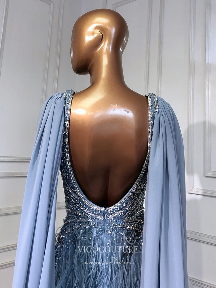 Prom Dress 2025 Blue Cape Sleeve Prom Dresses with Slit Beaded Mermaid Evening Dresses 21521-unique elegant Prom Dresses-Blue-US2-vigocouture