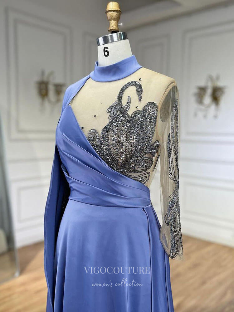 Prom Dress 2025 Blue Cape Sleeve Satin Prom Dresses Beaded Lace Formal Dress 24508-unique elegant Prom Dresses-Blue-US2-vigocouture