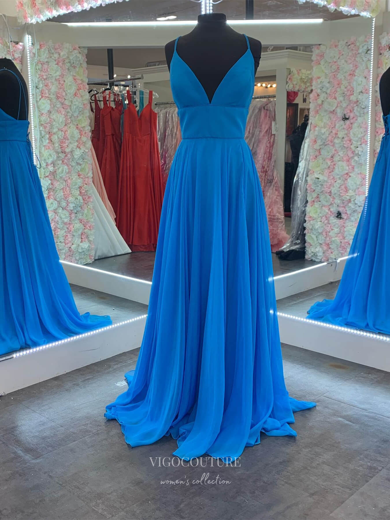 Prom Dress 2025 Blue Chiffon Sheath Cheap Prom Dresses Spaghetti Strap V-Neck 24152-unique elegant Prom Dresses-Blue-Custom Size-vigocouture