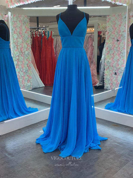 Prom Dress 2025 Blue Chiffon Sheath Cheap Prom Dresses Spaghetti Strap V-Neck 24152-unique elegant Prom Dresses-Blue-Custom Size-vigocouture