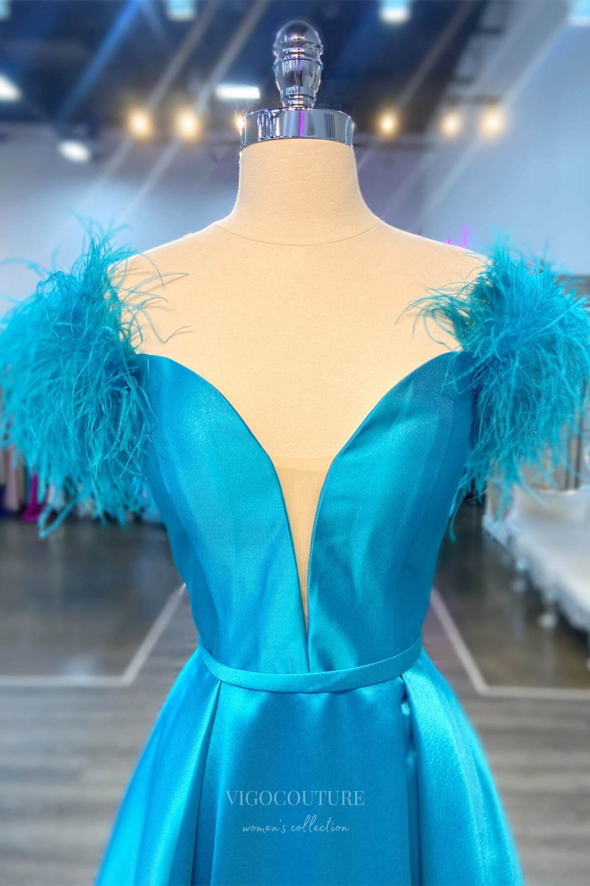 Prom Dress 2025 Blue Feathers Satin Cheap Prom Dresses 2024 Plunging V-Neck 24265-unique elegant Prom Dresses-Blue-Custom Size-vigocouture