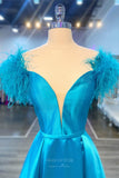 Prom Dress 2025 Blue Feathers Satin Cheap Prom Dresses 2024 Plunging V-Neck 24265-unique elegant Prom Dresses-Blue-Custom Size-vigocouture