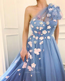 Prom Dress 2025 Blue Floral One Shoulder Tulle Prom Dress 20993-unique elegant Prom Dresses-Blue-US2-vigocouture