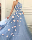 Prom Dress 2025 Blue Floral One Shoulder Tulle Prom Dress 20993-unique elegant Prom Dresses-Blue-US2-vigocouture