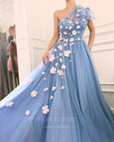 Prom Dress 2025 Blue Floral One Shoulder Tulle Prom Dress 20993-unique elegant Prom Dresses-Blue-US2-vigocouture