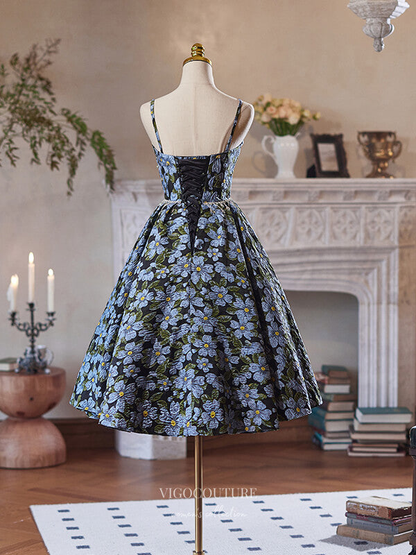 Blue Floral Print Homecoming Dress Spaghetti Strap Graduation Dress hc333 Custom Colors / US10 Blue Floral Print Homecoming Dress Spaghetti Strap Graduation Dress hc333 Custom Colors / US10