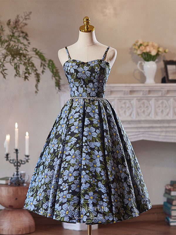 Blue Floral Print Homecoming Dress Spaghetti Strap Graduation Dress hc333 Custom Colors / US10 Blue Floral Print Homecoming Dress Spaghetti Strap Graduation Dress hc333 Custom Colors / US10