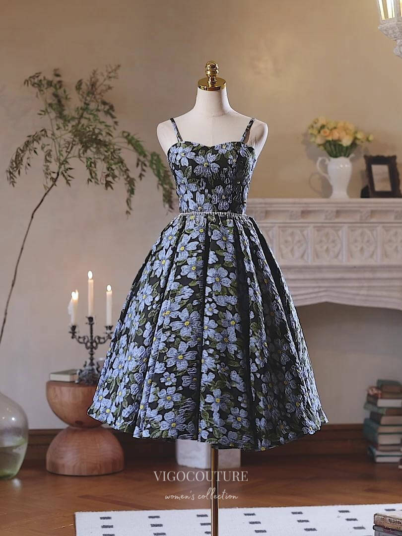 Short Prom Dresses 2025 Blue Floral Print Homecoming Dress Spaghetti Strap Graduation Dress hc333-Prom Dresses-vigocouture-Blue-Custom Size-vigocouture