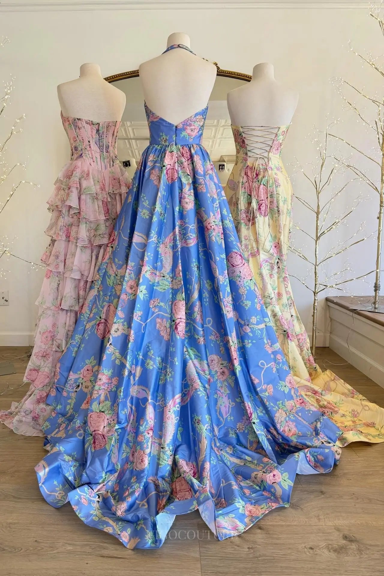 Blue Floral Print Plunge Halter Prom Dress with Rhinestone Brooch Waist & Open V back FP010 - Blue / US 26W Blue Floral Print Plunge Halter Prom Dress with Rhinestone Brooch Waist & Open V back FP010 - Blue / US 26W
