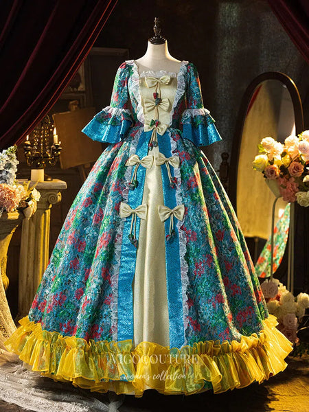 blue dress for baby girl Blue Floral Print Ruffled Vintage Quinceanera Dress Puffed Sleeve Bow-Tie Princess Dresses 25045 Blue / US16