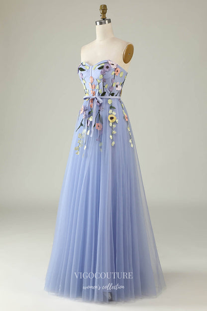 Prom Dress 2025 Blue Floral Sweetheart Prom Dresses Lace Applique Formal Gown 24537-unique elegant Prom Dresses-Blue-Custom Size-vigocouture