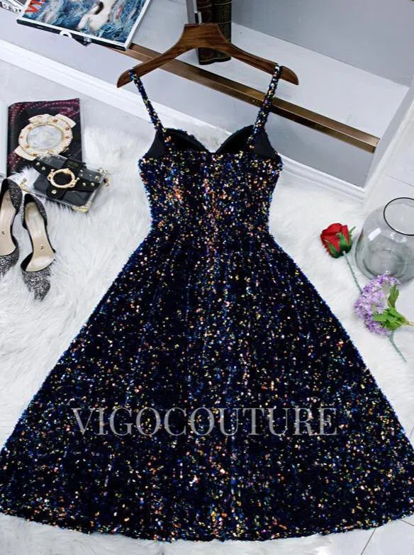 mid length homecoming dresses Blue Glittering Sequin Homecoming Dress Mid-length Prom Dress 20275 – vigocouture